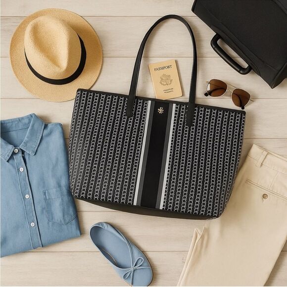 Tory Burch Gemini Link Canvas Tote Navy Black Striped Chain Print Large Bag - Picture 16 of 16